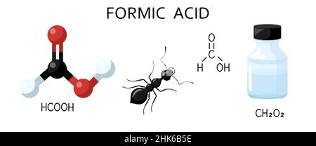 Satz von Ameisensäurelösung in blauer Flasche isoliert auf weißem Hintergrund. Strukturelle chemische Formel und Molekülmodell, Ameise, Flasche. Vektorgrafik Stock Vektor