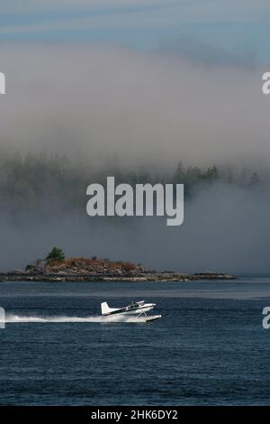 Schwimmerflugzeug beschleunigt zum Start in Tofino auf Vancouver Island in Kanada Stockfoto