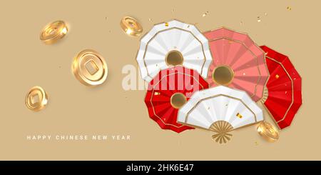 Frohes Chinesisches Neues Jahr. Chinesische Feste Fan und Goldmünzen. Traditionelle asiatische Elemente. Vektorgrafik. Stock Vektor