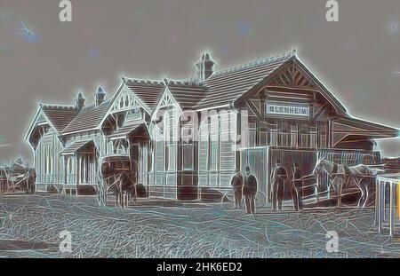 Inspiriert von Bahnhof, Blenheim, Muir & Moodie Studio, Fotostudio, um 1900, Dunedin, Fotografie, Neu gestaltet von Artotop. Klassische Kunst neu erfunden mit einem modernen Twist. Design von warmen fröhlichen Leuchten der Helligkeit und Lichtstrahl Strahlkraft. Fotografie inspiriert von Surrealismus und Futurismus, umarmt dynamische Energie der modernen Technologie, Bewegung, Geschwindigkeit und Kultur zu revolutionieren Stockfoto