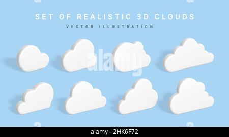 Set aus 3D Wolken. Weiße Wolken mit Schatten isoliert auf blauem Hintergrund. Vektorgrafik. Stock Vektor