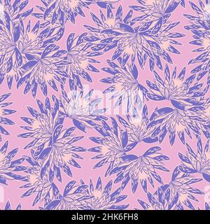 Nahtloses Muster mit Handzeichnung Lotus auf rosa Hintergrund. Vektor lila Blumenvorlage im Doodle-Stil. Sanfte Sommer botanische Textur für Stoff Stock Vektor