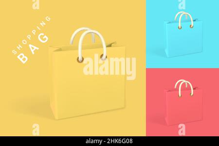 3D leere rote, gelbe und blaue Einkaufstaschen. Einkaufskonzept. Vektorgrafik. Stock Vektor