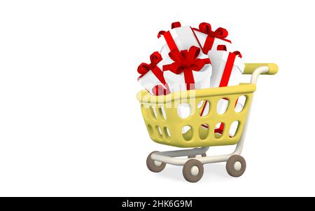 3D gelber Warenkorb mit Geschenkschachteln auf weißem Hintergrund. Einkaufskonzept. Vektorgrafik. Stock Vektor