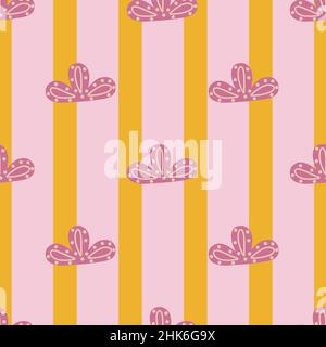 Nahtloses Muster abstrakter Wolken auf rosa gelb gestreiftem Hintergrund. Vektor geometrische Vorlage in Doodle-Stil mit Scrawl. Sanfte Textur für Stoff, Stock Vektor