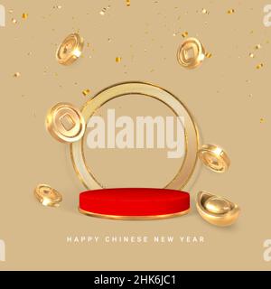 Frohes Chinesisches Neues Jahr. Bühne für Produkt auf Zylinderpodium mit traditionellen asiatischen Münzen. Chinesische Goldmünze mit quadratischem Loch. Vektorgrafik. Stock Vektor