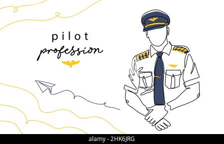 Pilot, Fliegerberuf, Mann in Uniform. Vektorhintergrund, Banner, Poster. Eine fortlaufende Linie Art Zeichnung Illustration des Piloten Stock Vektor