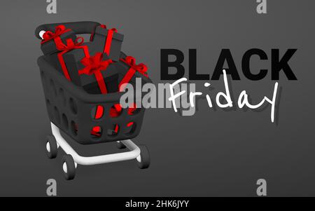 Schwarzes Freitagsbanner. 3D Warenkorb mit Geschenkboxen. Einkaufskonzept. Vektorgrafik. Stock Vektor