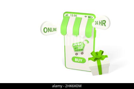 Online-Shopping-Konzept. Realistisches grünes 3D Mobiletelefon mit Warenkorb und Geschenkbox. Online-Shop. Vektorgrafik. Stock Vektor