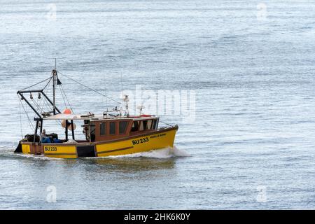 Kleines Küstenfischereischiff SU233 - Angelle Marie - auf dem Weg nach Portsmouth in Solent, Portsmouth, Hampshire, England, Großbritannien Stockfoto