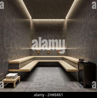 Modernes Design Betonfliesen Sauna Mock-up, 3D Rendering, 3D Illustration Stockfoto