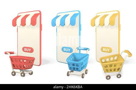 Online-Shopping-Konzept. Realistische 3D Handys mit Einkaufswagen. Online-Shop. Vektorgrafik. Stock Vektor