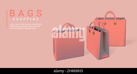 3D Einkaufstaschen auf weißem, rotem Hintergrund. Einkaufskonzept. Vektorgrafik. Stock Vektor