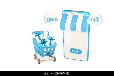 Online-Shopping-Konzept. Realistisches 3D Mobiltelefon mit blauem Warenkorb und Geschenkboxen. Online-Shop. Vektorgrafik. Stock Vektor