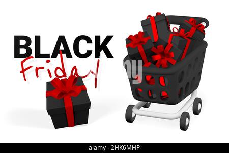Schwarzes Freitagsbanner. 3D Warenkorb mit Geschenkboxen. Einkaufskonzept. Vektorgrafik. Stock Vektor