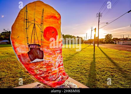 Eine bemalte Auster aus Fiberglas zeigt ein Garnelenboot bei Sonnenuntergang am 15. August 2015 in Bayou La Batre, Alabama. Stockfoto