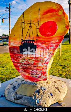 Eine bemalte Auster aus Fiberglas zeigt ein Garnelenboot bei Sonnenuntergang am 15. August 2015 in Bayou La Batre, Alabama. Stockfoto