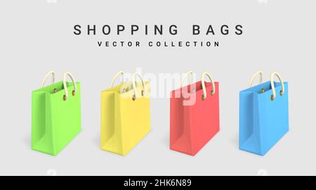 3D leere Einkaufstaschen auf grauem Hintergrund. Einkaufskonzept. Vektorgrafik. Stock Vektor
