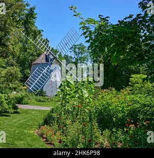 Nahaufnahme einer alten Windmühle in einem wunderschönen Blumengarten in Heritage Gardens in Cape Cod, Sandwich, Massachusetts. Mit einem klaren blauen Himmel Hintergrund. Stockfoto