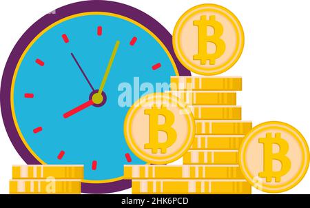 Stunden und ein Haufen Bitcoins. Ein Vektor, der mit Kryptowährung assoziiert ist. Flache Abbildung. E-Commerce, Blockchain, das Konzept der Kryptowährung. Stock Vektor