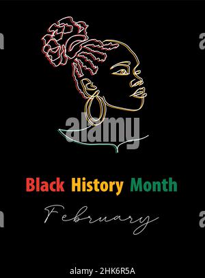 Black History Monat Vektor-Banner, Poster, Karte mit afrikanischer Frau. Eine fortlaufende Linie Kunst Zeichnung Illustration für Black History Monat Feier Stock Vektor