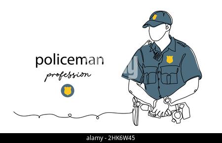 Polizist, Polizist. Mann in Uniform. Vektorhintergrund, Banner, Poster. Eine fortlaufende Linienkunst Zeichnung Illustration des Polizisten Stock Vektor