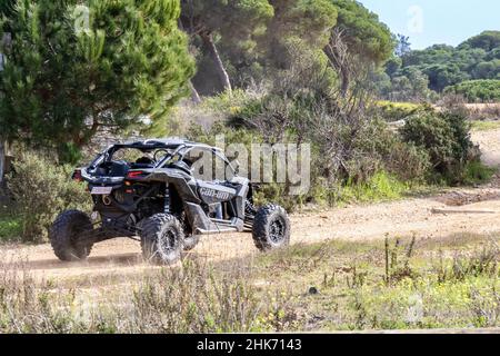 Huelva, Spanien - 29. Januar 2022: Can-am MAVERICK, schwarzes Geländefahrzeug, das an einem Waldweg entlang fährt Stockfoto