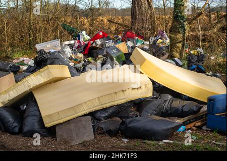 Buckinghamshire, Großbritannien. 2nd. Februar 2022. Illegales Kippen von Fliegen entlang einer Landstraße in Buckinghamshire. Quelle: Maureen McLean/Alamy Stockfoto