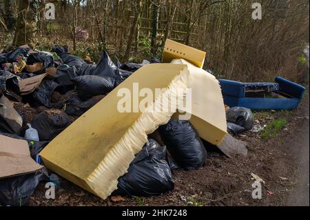 Buckinghamshire, Großbritannien. 2nd. Februar 2022. Illegales Kippen von Fliegen entlang einer Landstraße in Buckinghamshire. Quelle: Maureen McLean/Alamy Stockfoto