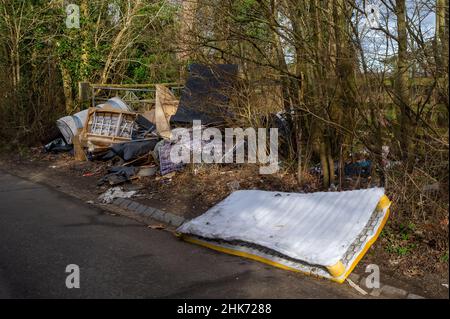 Buckinghamshire, Großbritannien. 2nd. Februar 2022. Illegales Kippen von Fliegen entlang einer Landstraße in Buckinghamshire. Quelle: Maureen McLean/Alamy Stockfoto