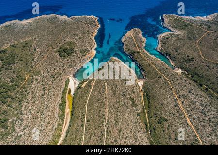 Luftaufnahme, Bucht mit Cala Magraner Strand, Cala Pilota Strand und Cala Virgili Strand, Manacor, Mallorca, Europa, Balearen, Spanien, Balearen Isla Stockfoto