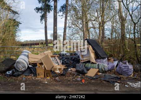 Buckinghamshire, Großbritannien. 2nd. Februar 2022. Illegales Kippen von Fliegen entlang einer Landstraße in Buckinghamshire. Quelle: Maureen McLean/Alamy Stockfoto