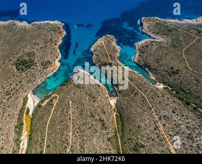 Luftaufnahme, Bucht mit Cala Magraner Strand, Cala Pilota Strand und Cala Virgili Strand, Manacor, Mallorca, Europa, Balearen, Spanien, Balearen Isla Stockfoto