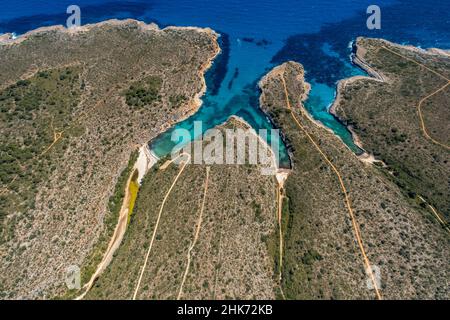 Luftaufnahme, Bucht mit Cala Magraner Strand, Cala Pilota Strand und Cala Virgili Strand, Manacor, Mallorca, Europa, Balearen, Spanien, Balearen Isla Stockfoto