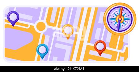 Stadtplan-Hintergrund-Design mit Markierungen und Fahnen. Darstellung von Straßen, Straßen und Gebäuden. Bild für Geographie und Kartographie, Reisen und Stock Vektor