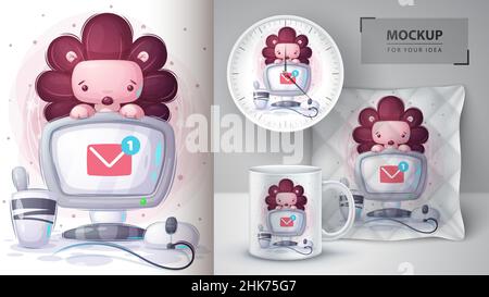 Igel arbeitet am Computerplakat und Merchandising. Stock Vektor