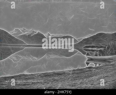 Inspiriert von Mt Earnslaw, von Glenorchy, Burton Brothers Studio, Fotostudio, Neuseeland, Schwarzweiß-Fotografie, Blick über einen See zu schneebedeckten Bergen. Dinghy mit zwei Personen rechts, Reimagined by Artotop. Klassische Kunst neu erfunden mit einem modernen Twist. Design von warmen fröhlichen Leuchten der Helligkeit und Lichtstrahl Strahlkraft. Fotografie inspiriert von Surrealismus und Futurismus, umarmt dynamische Energie der modernen Technologie, Bewegung, Geschwindigkeit und Kultur zu revolutionieren Stockfoto