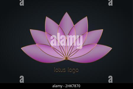 Lotuslogo in Violettgold, Blume des Lebens. Heilige Geometrie. Symbol für Harmonie und Balance. Goldener Luxus Zeichen der Reinheit. Chakra Yoga Design isoliert Stock Vektor
