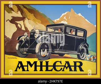 Französischer Oldtimer 1900s AMILCAR 1932 Poster von Maurice Barbey ,Amilcar Berline M3 Limousine der Amilcar war ein französisches Automobil, das von 1921 bis 1940 hergestellt wurde. Stockfoto