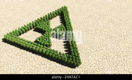 Konzept oder konzeptionelle Gruppe von grünen Wald Baum auf trockenem Boden Hintergrund, nukleare Gefahr Symbol. 3d-Illustration Metapher für Warnung, Atomkraft Stockfoto