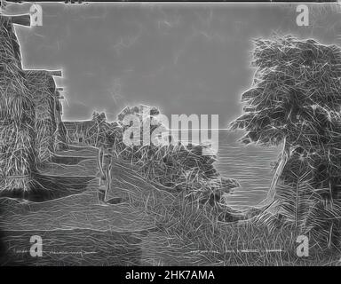 Inspiriert von Fijian Village in der Nähe von Suva, Burton Brothers Studio, Fotostudio, 12. Juli 1884, Neuseeland, Schwarz-Weiß-Fotografie, Fidschi-Frau zentrieren auf Pfad mit Blick auf das Meer, aber Kopf zur Kamera gedreht, Reihe von Bure (fünf) mit Blick auf das offene Meer. Ein Bure mit sichtbarem Eintrag ist am Ende, von Artotop neu erfunden. Klassische Kunst neu erfunden mit einem modernen Twist. Design von warmen fröhlichen Leuchten der Helligkeit und Lichtstrahl Strahlkraft. Fotografie inspiriert von Surrealismus und Futurismus, umarmt dynamische Energie der modernen Technologie, Bewegung, Geschwindigkeit und Kultur zu revolutionieren Stockfoto