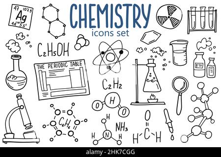 Symbole für Chemie gesetzt. Wissenschaft Thema Doodle Design. Bildungs- und Studienkonzept. Zurück zur Schule skizzener Hintergrund für Notizbuch, nicht Pad Stock Vektor