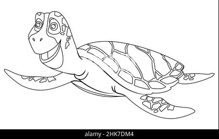 Fröhliche Cartoon Meeresschildkröte in einem linearen Stil für druckbare Kinder Färbung.Vektor-Illustration. Stock Vektor