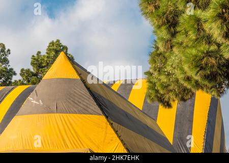 Eine hohe Kirche Mit A-Rahmen und Dach, die zur Begasung mit einer gestreiften Plane mit geometrischem und abstraktem Effekt betagt ist. Stockfoto