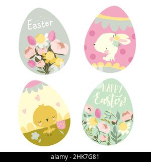 Set von Cartoon Ostereiern mit Tieren und Blumen Stock Vektor
