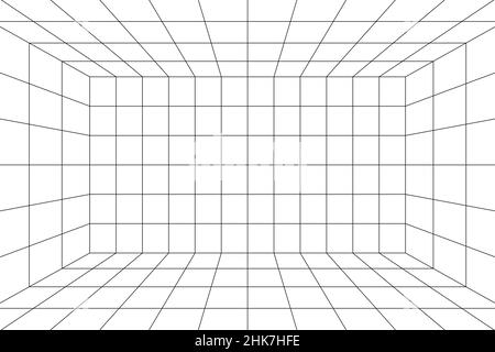 3D-Raum-Raster mit einer Punktperspektive. Weißer leerer geometrischer Cyberspace Studio-Hintergrund. Virtuelle dreidimensionale Szene. Easy Guide Architektur te Stock Vektor
