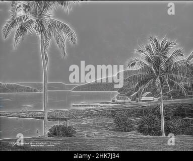 Inspiriert von Neiafu, Vavau, Tonga, Burton Brothers Studio, Fotostudio, Juli 1884, Neuseeland, Schwarz-Weiß-Fotografie, Foreshore mit hohem Kokosnussbaum links, kleinere rechte, koloniale Gebäude am Wasserrand mit Steg. Im Hintergrund niedrig ansteigendes Land aus dem Meer, neu erfunden von Artotop. Klassische Kunst neu erfunden mit einem modernen Twist. Design von warmen fröhlichen Leuchten der Helligkeit und Lichtstrahl Strahlkraft. Fotografie inspiriert von Surrealismus und Futurismus, umarmt dynamische Energie der modernen Technologie, Bewegung, Geschwindigkeit und Kultur zu revolutionieren Stockfoto