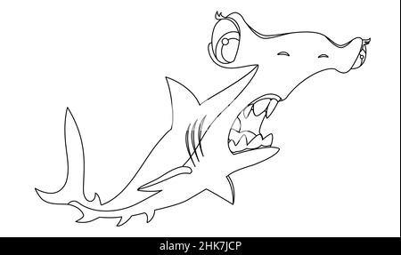 Cartoon unheimlich hammerhead Hai in einem linearen Stil für Kinder s Färbung.Vektor-Illustration Stock Vektor