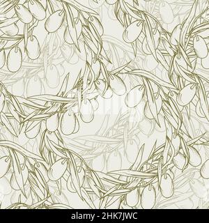 Oliven nahtloses Muster, wiederholbare Textur mit Olivenzweigen, Vektorgrafik. Stock Vektor