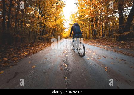 Ein Mann auf dem Fahrrad fährt am Abend bei Sonnenuntergang entlang der Straße im Herbstwald Stockfoto